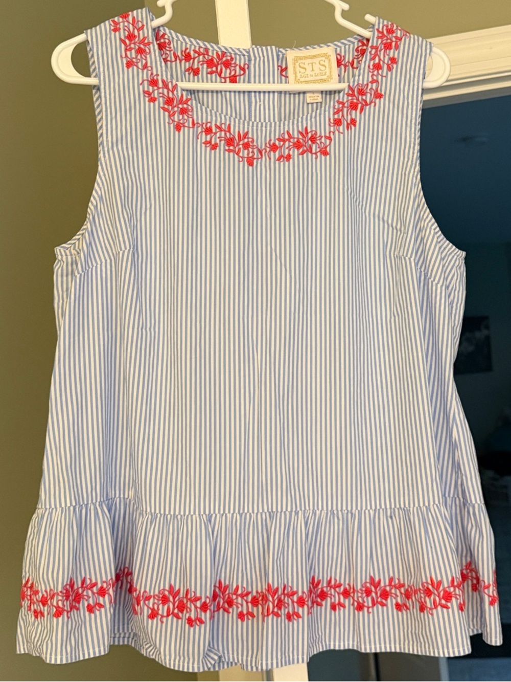 Sail to Sable Blue & White Stripe Sleeveless Top with Coral Floral Embroidery